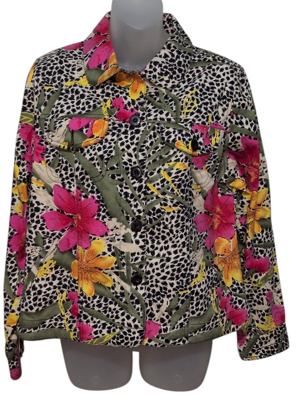VTG 90s Studio Works Animal Print Floral Button Up Lightweight Denim Jacket Boho